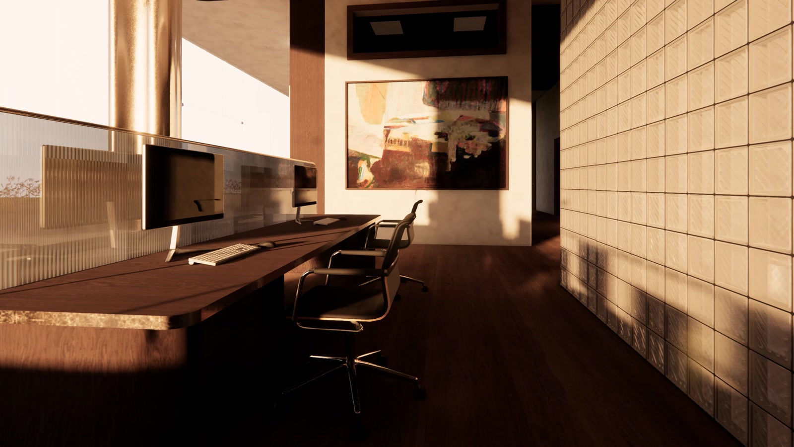 Kanso workspace, framed by warm timber and glass block.